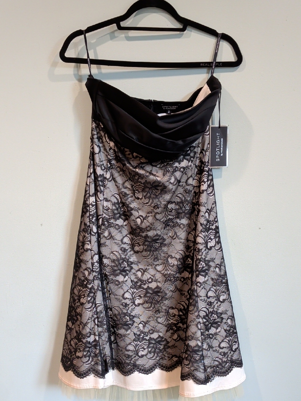 Warehouse NWT Black Lace Overlay Strapless Dress with Nude Underlay 8